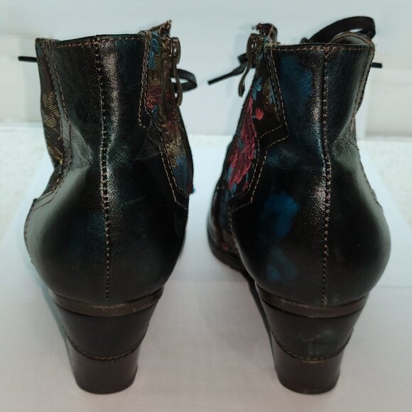 Embossed Floral Leather & Zippered Heeled Ankle Boots - Picture 5 of 8